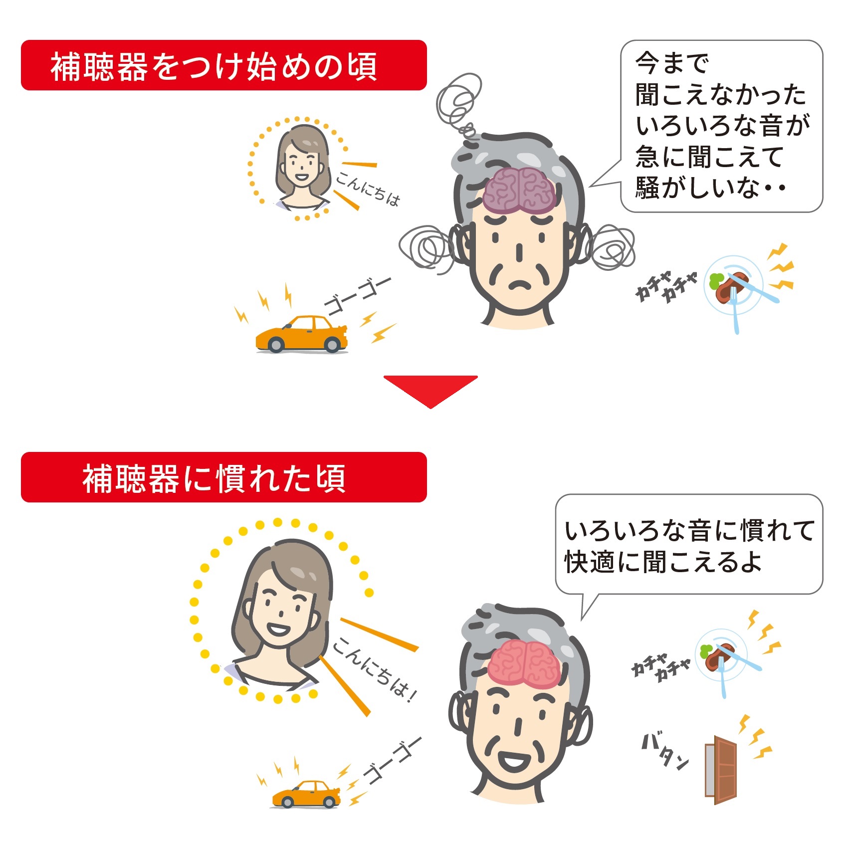 補聴器をつけ始めた頃と、音に慣れた頃のイメージ